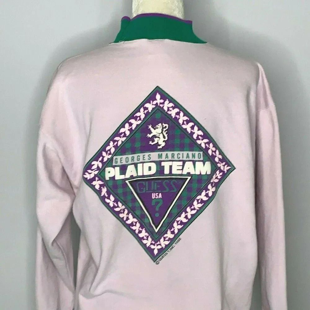 Vintage 80s Guess Sweatshirt M Lilac Georges Marciano Mock Neck Double Sided